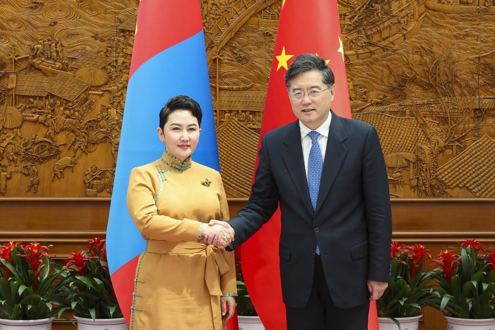 Chinese Foreign Minister Qin Gang with his Mongolian counterpart Batmunkh Battsetseg in Beijing. Photo: Xinhua