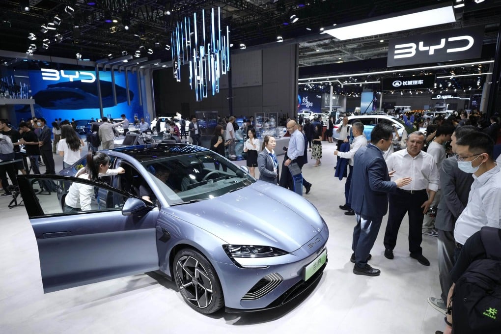An exhibition booth for Chinese electric vehicle giant BYD is seen at Auto Shanghai motor show in Shanghai. Photo: Kyodo