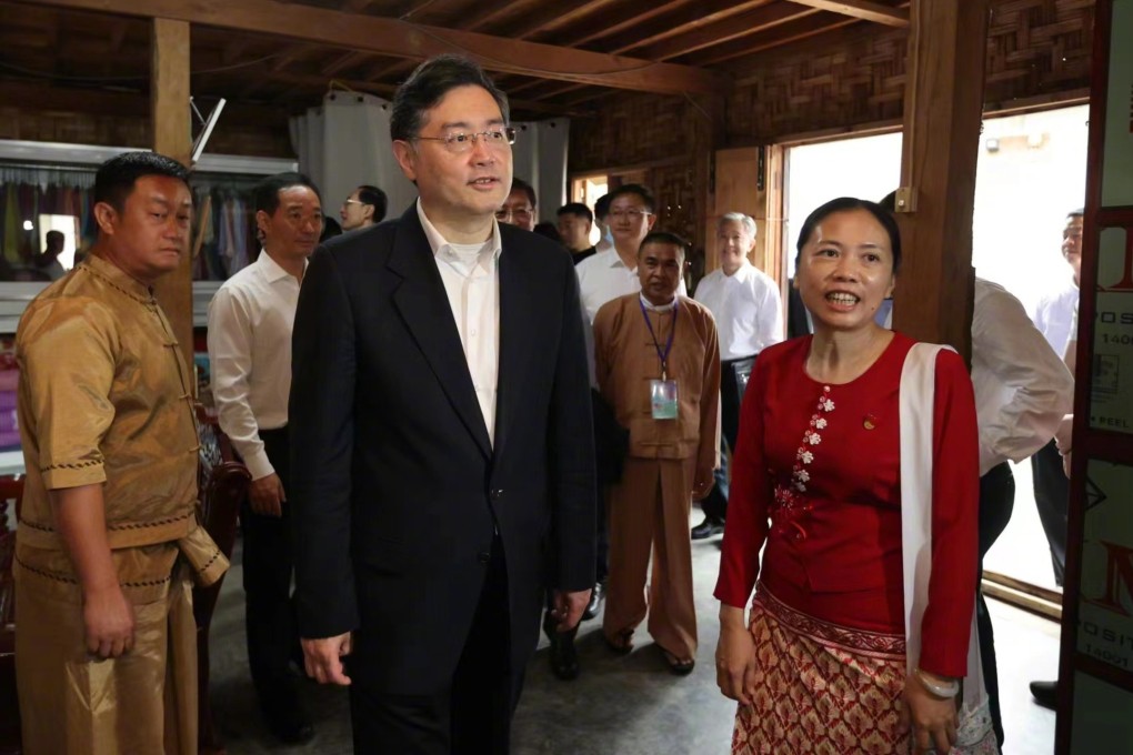 Chinese Foreign Minister Qin Gang (centre) visits the China-Myanmar border in Yunnan province on Tuesday. Photo: Chinese Foreign Ministry
