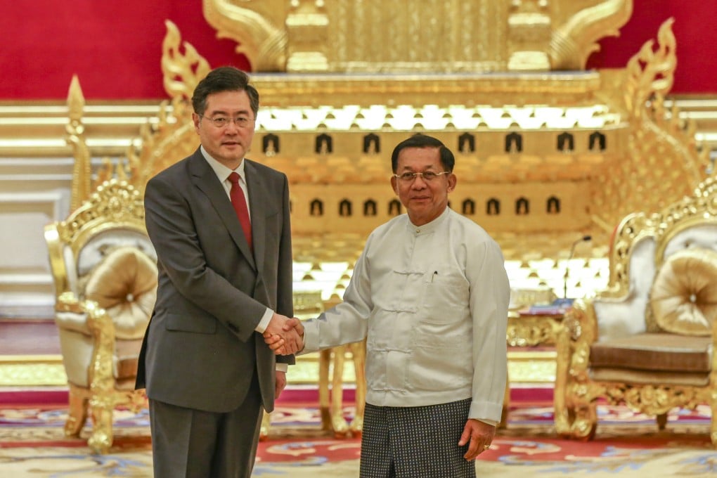 During a rare high-level visit, Chinese Foreign Minister Qin Gang meets Myanmar’s junta leader, Min Aung Hlaing, in Naypyidaw on Tuesday. Photo: Xinhua
