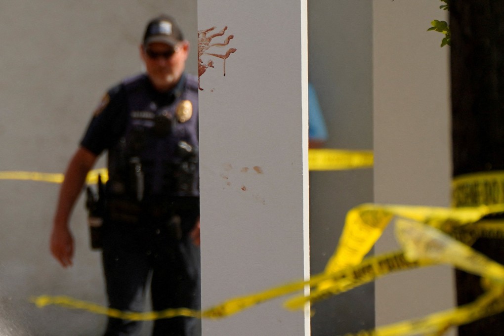 A bloody handprint marks a pillar after a shooting during a teenager’s birthday party at in Dadeville, Alabama in April. Photo: Reuters