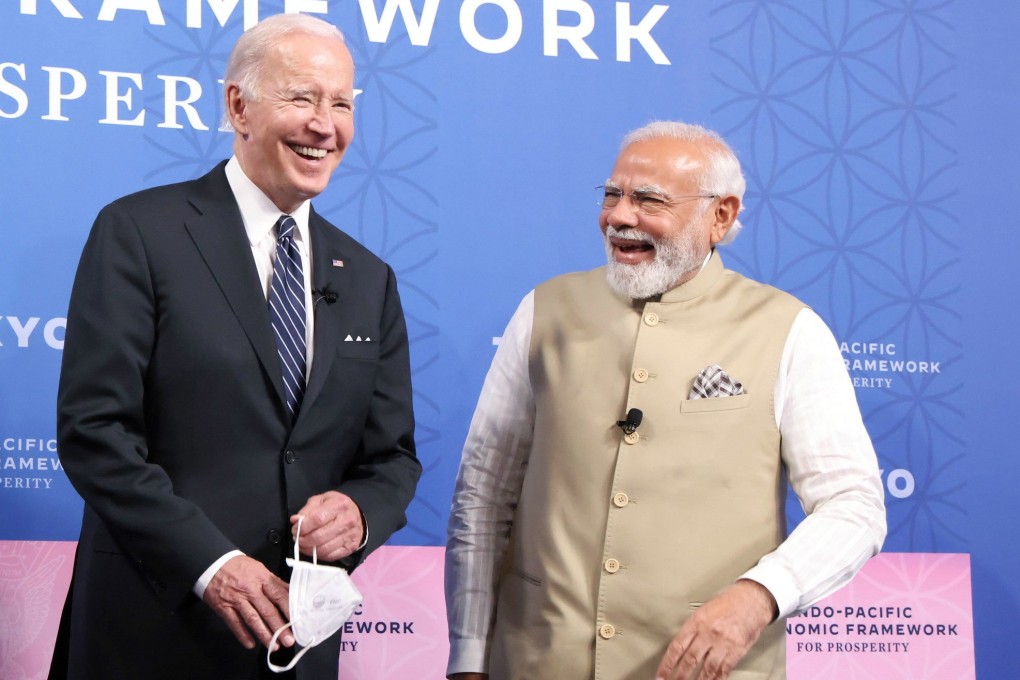 US President Joe Biden and Indian Prime Minister Narendra Modi share a laugh in Tokyo at the launch of the Indo-Pacific Economic Framework in May last year. Photo: EPA-EFE