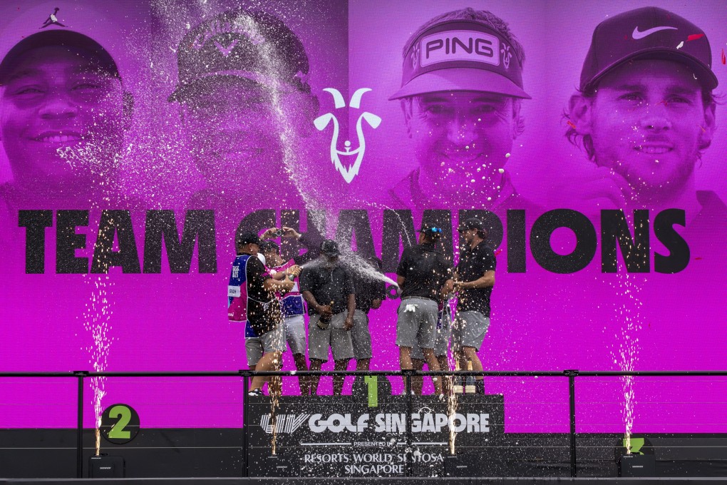 Talor Gooch and his team from RangeGoats GC celebrate after winning LIV Golf Singapore. Photo: EPA-EFE