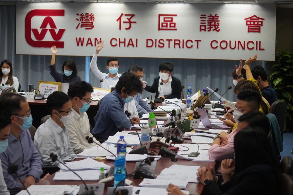 A Wan Chai district council meeting in 2020. The government claims some councils have lost sight of their mission of serving their local communities. Photo: Winson Wong