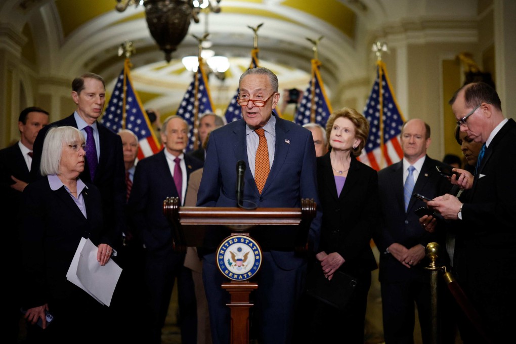 Senate Majority Leader Chuck Schumer and his committee chairs talk about their proposed China competitiveness legislation on Wednesday at the US Capitol. Photo: Getty Images via AFP