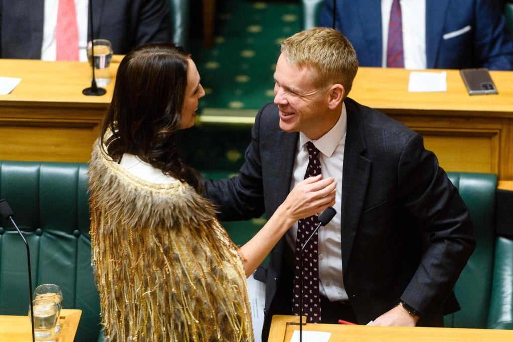Outgoing New Zealand prime minister Jacinda Ardern (left) with her successor Chris Hipkins during her valedictory speech in parliament in Wellington on April 5. Photo: AFP