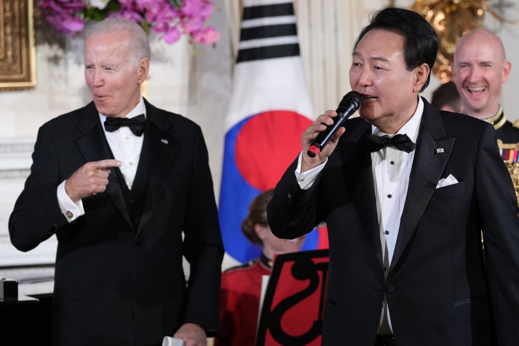 President Joe Biden reacts as South Korea’s President Yoon Suk Yeol sings American Pie in the State Dining Room of the White House in Washington on April 26. Washington and Seoul continue to play lip service to their interest in dialogue with Pyongyang. Photo: AP