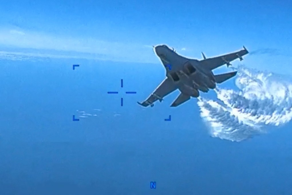 The US military’s European Command released video footage of the mid-air encounter between a US surveillance drone and a Russian fighter jet over the Black Sea in March. Photo: TNS