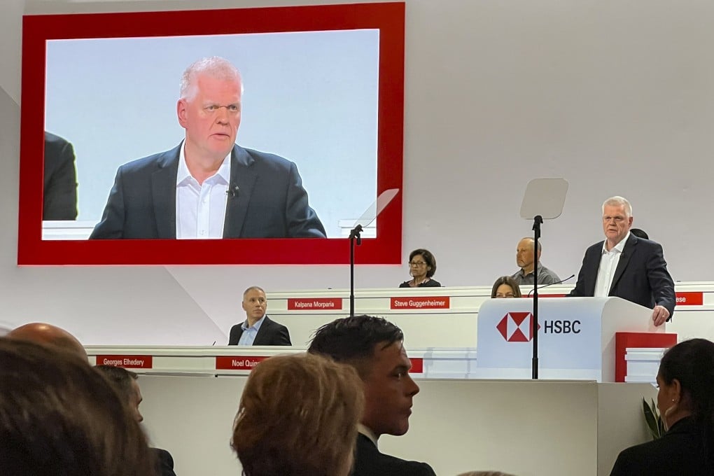 HSBC chief executive Noel Quinn addresses shareholders during the bank’s annual general meeting in Birmingham, England. Photo: Chad Bray