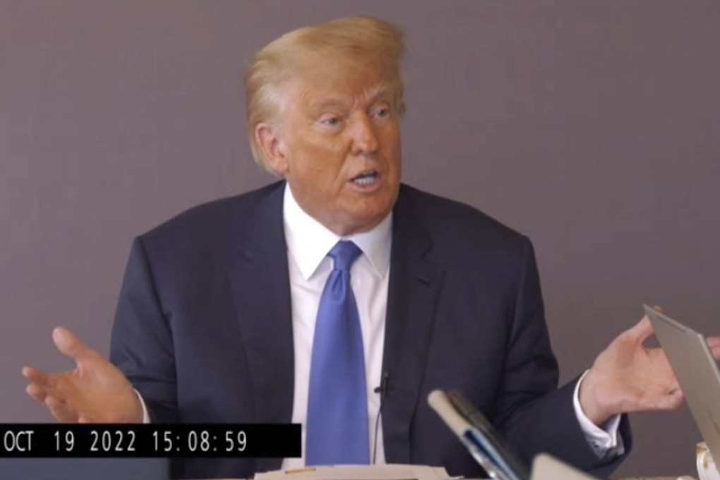 Former US president Donald Trump answers questions during his October deposition. Photo: Kaplan Hecker & Fink via AP