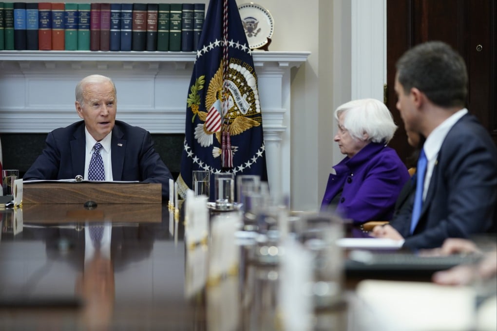 President Joe Biden, left, speaks during a meeting in the White House on May 5 as Transportation Secretary Pete Buttigieg (right) and Treasury Secretary Janet Yellen listen. Given the new Washington consensus on China, even Yellen has reaffirmed that national security now comes before economics. Photo: AP