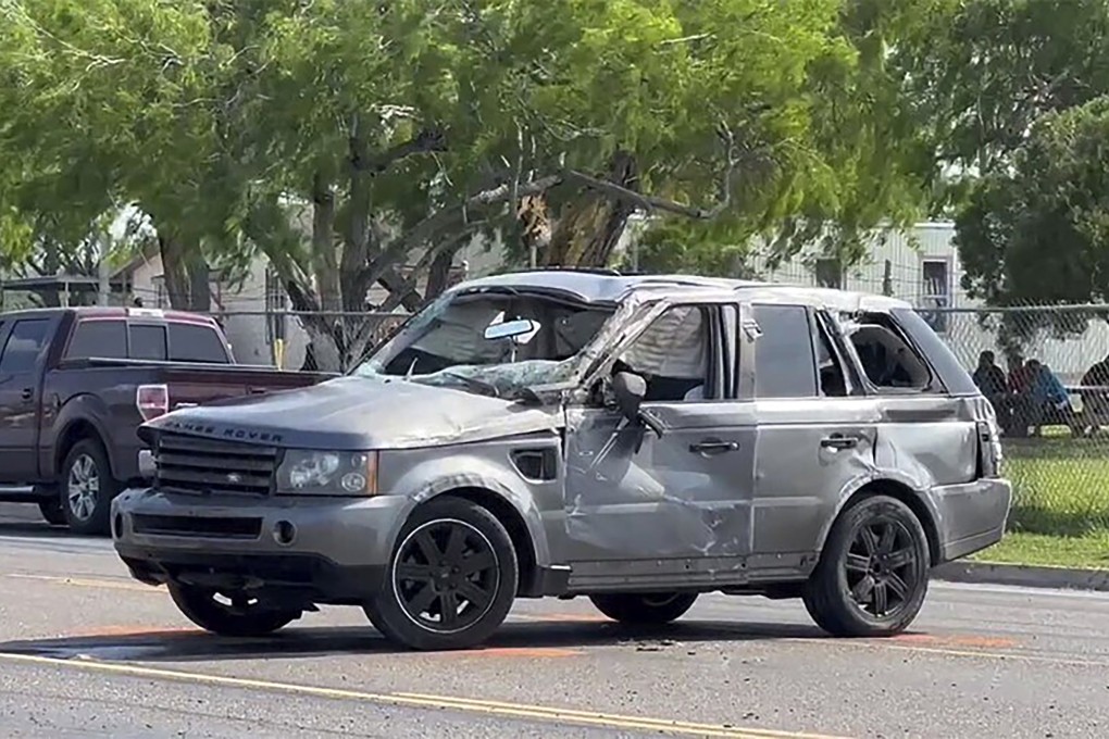 A damaged vehicle sits at the site of a deadly collision near a bus stop in Brownsville, Texas, US on Sunday. Photo: NewsNation / KVEO-TV via AP