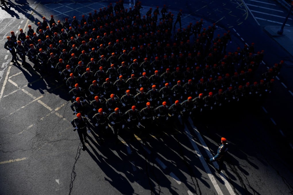 Russian troops in Moscow rehearse for Tuesday’s Victory Day. Photo: Reuters