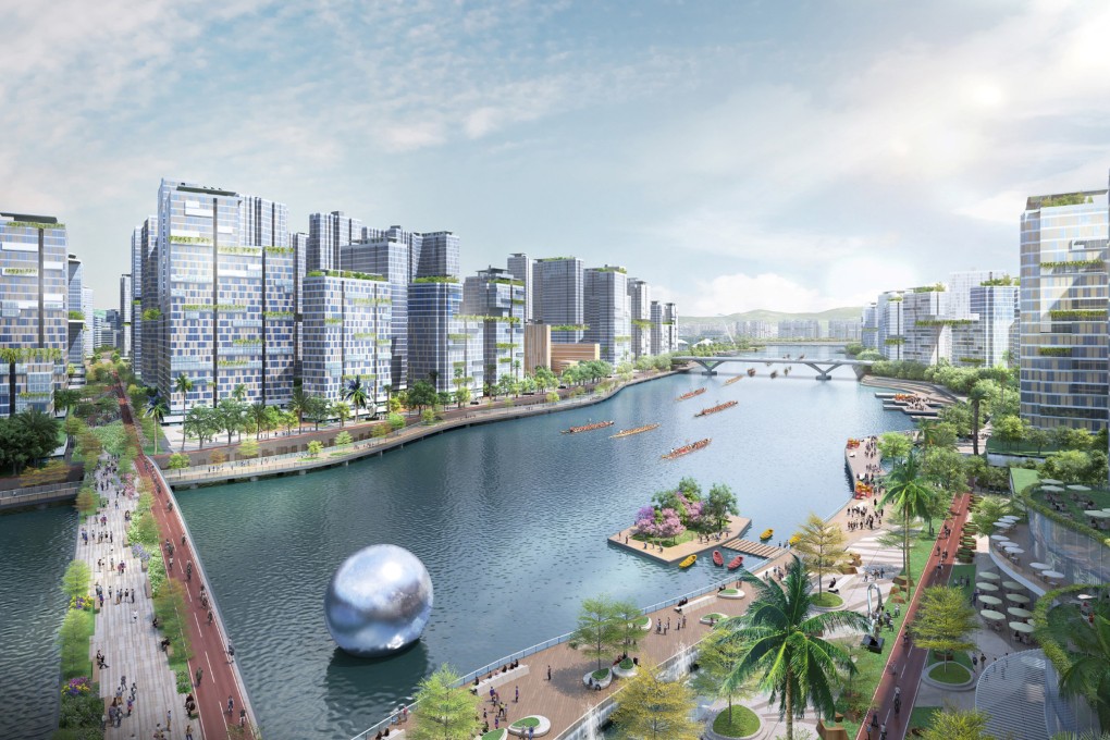 A rendering of the waterfront promenade and water channel between artificial islands around Kau Yi Chau. Photo: Legco
