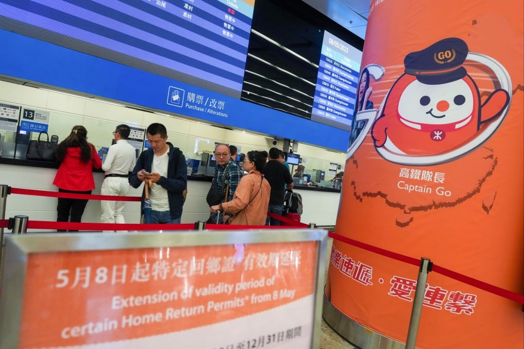 Counters set up for passengers to use their expired home return permit to buy high-speed rail tickets at the West Kowloon terminus. Photo: Sam Tsang