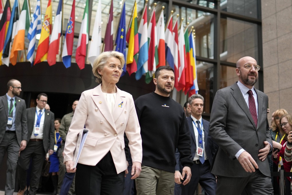 European Commission President Ursula von der Leyen, Ukraine’s President Volodymyr Zelenskyy and European Council President Charles Michel walk together during an EU summit in Brussels on February 9. The EU and Nato should seek a diplomatic solution to the Ukraine war, rather than Russia’s defeat. Photo: AP