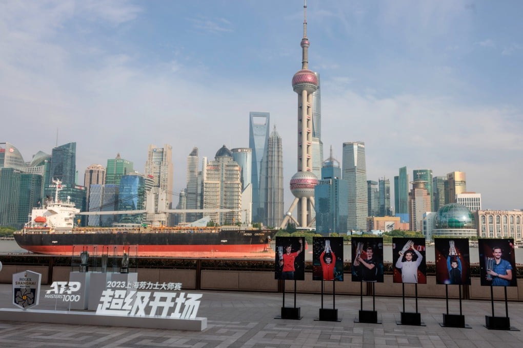Trophies and photos of players on display during the launch of the Shanghai Masters, to be held in October. Photo: EPA-EFE