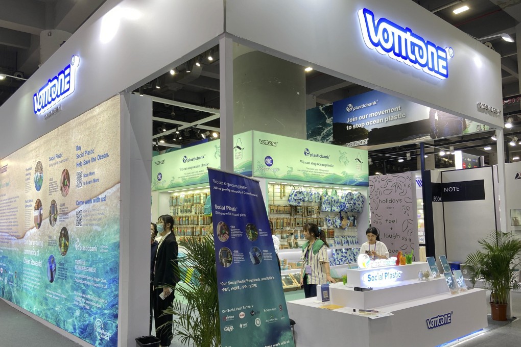 The booth for Ningbo Vontone Stationery Company at the spring session of the 2023 Canton Fair. Photo: He Huifeng