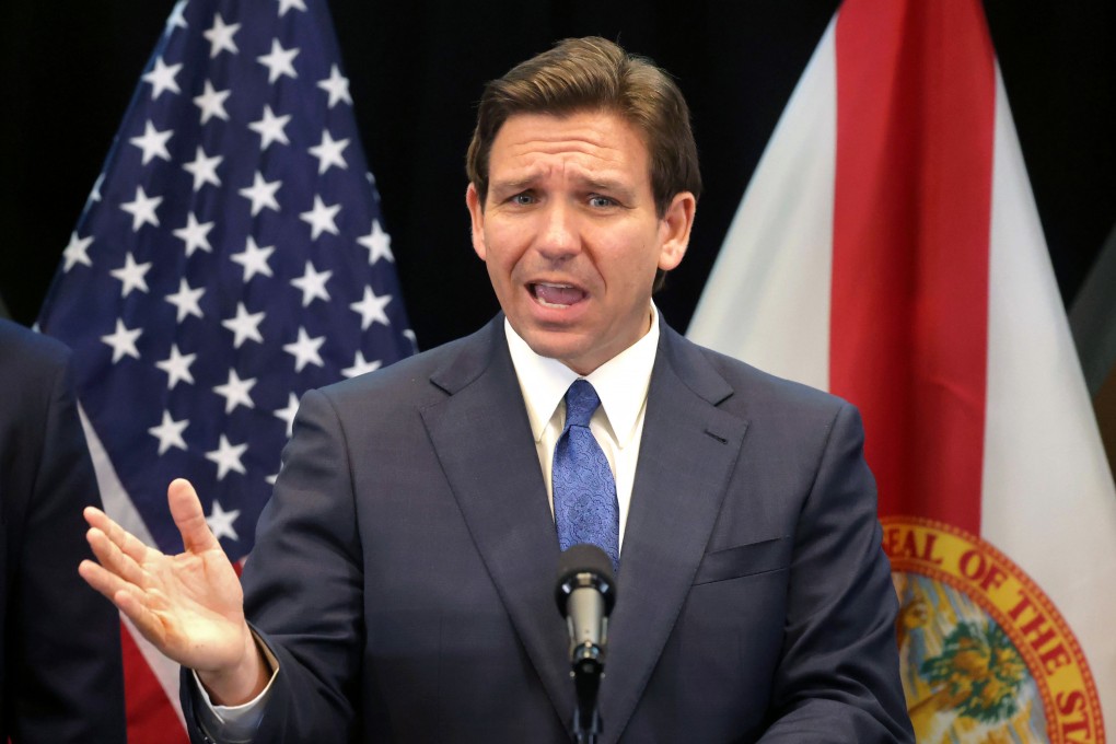 Florida Governor Ron DeSantis responds to a question during a press conference in Lake Buena Vista, Florida, in April. Photo: TNS