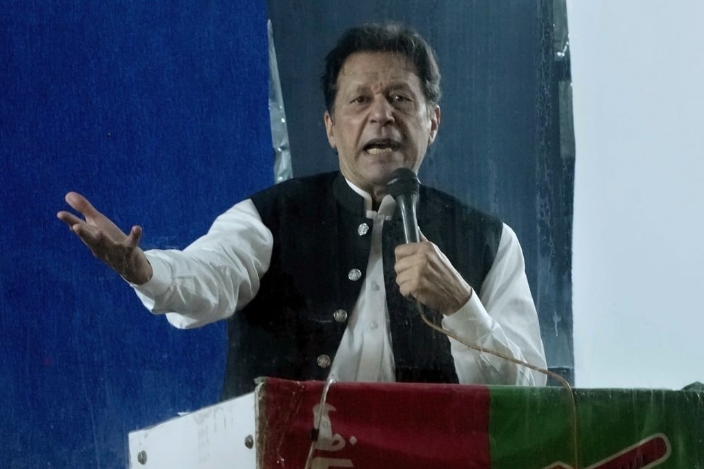 Imran Khan speaking at a rally in Lahore on March 26, 2023. Photo: AP