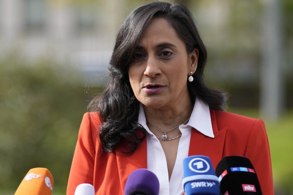 Canada’s Defence Minister Anita Anand talks to journalists at Ramstein Air Base in Germany in April. Photo: AP