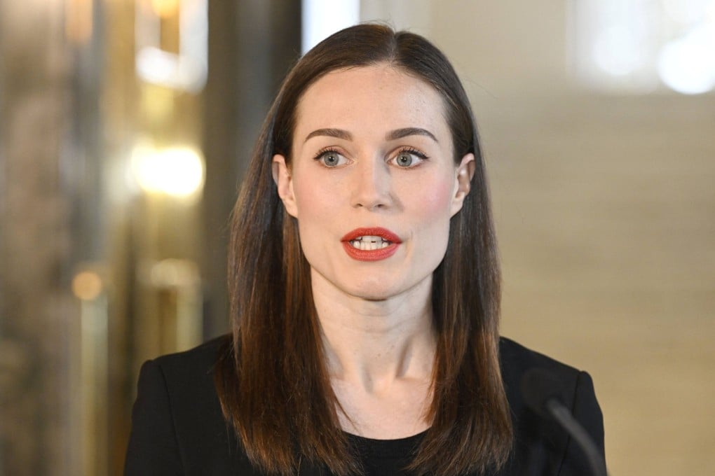 Finland’s outgoing Prime Minister Sanna Marin addresses media at the Parliament in Helsinki in April. Photo: AFP