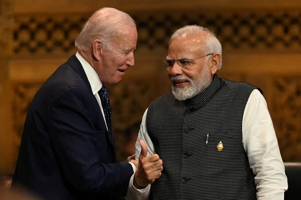 US President Joe Biden speaks with Indian Prime Minister Narendra Modi at the G20 Summit opening session in Bali in November 2022. Photo: G20 Media Centre via Reuters