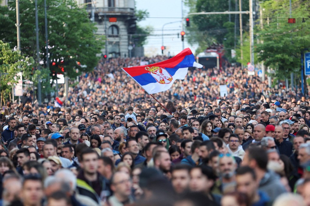People in Belgrade, Serbia, attend a May 8 protest against violence in reaction to mass shootings that have shaken the country. Photo: Reuters