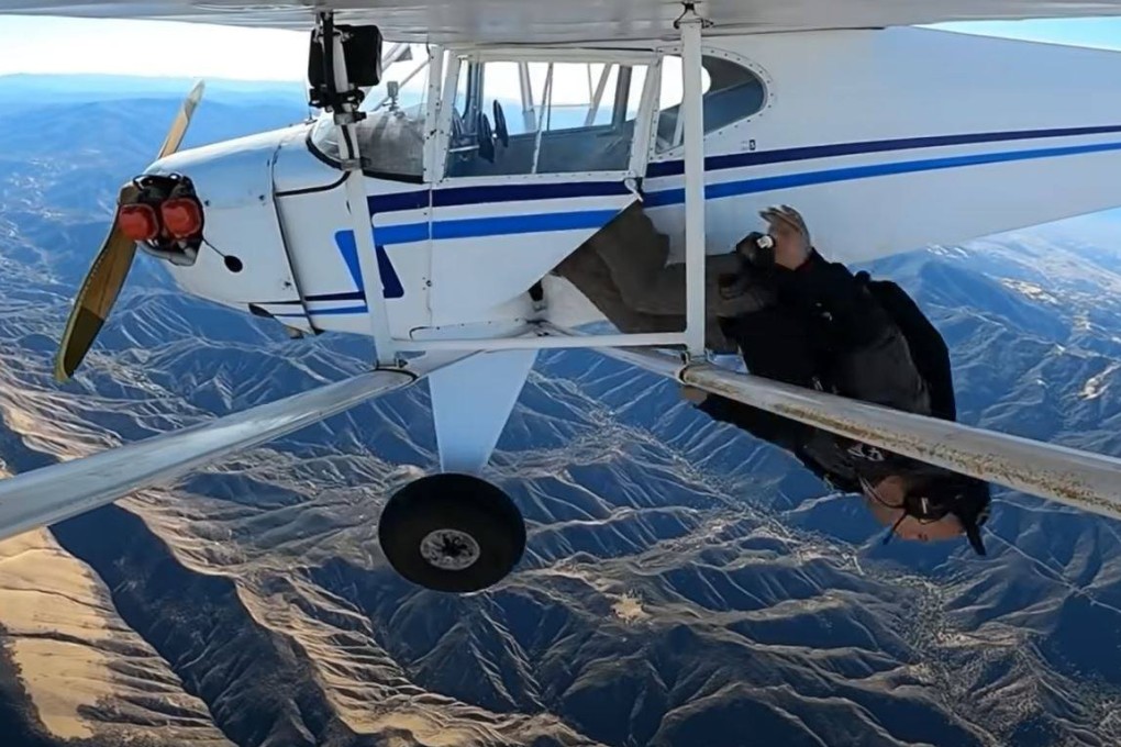 Trevor Jacob’s jump and the aircraft’s plunge were recorded by cameras mounted on the plane’s wing and tail and by the camera he carried.  Photo: YouTube / TrevorJacob