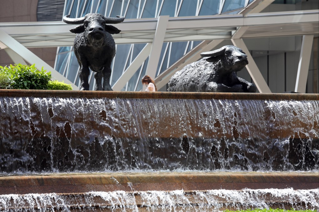 Bull sculptures overlook the plaza outside Exchange Square, the home of Hong Kong’s stock exchange on April 28, 2021. Photo: Dickson Lee