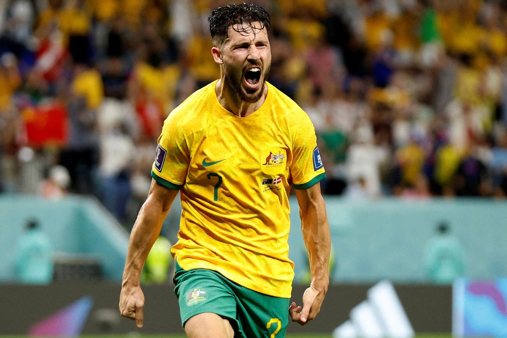 Australia’s Mathew Leckie celebrates scoring against Denmark at the World Cup in Qatar. Photo: Reuters