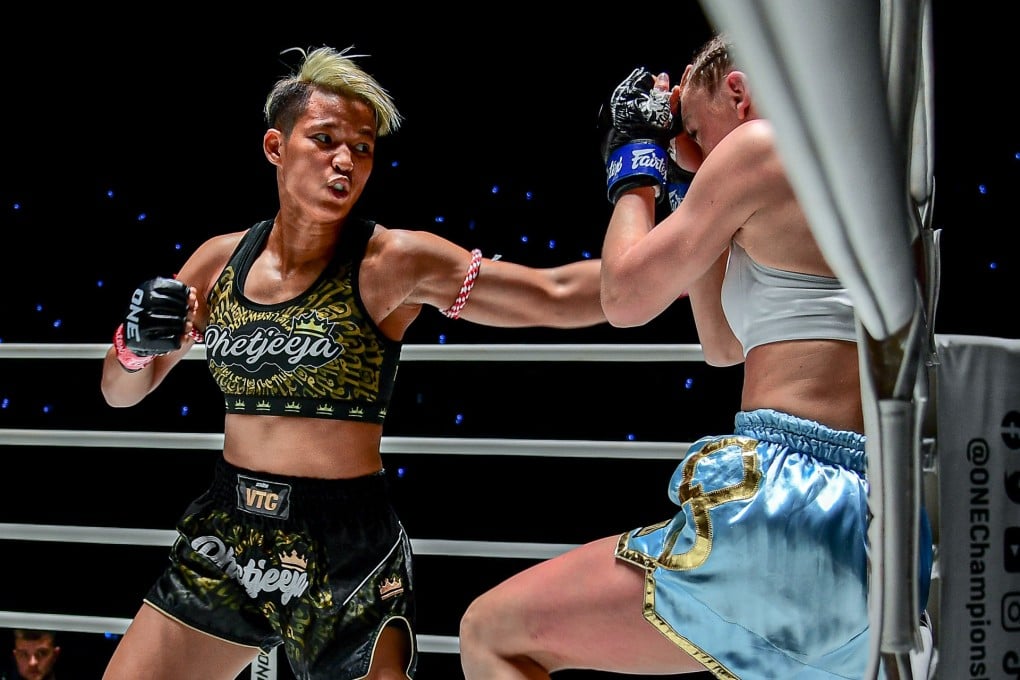 Petjeeja tags Ines Pilutti at ONE Lumpinee. Photos: ONE Championship
