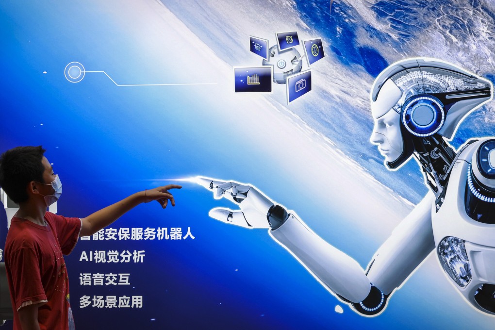 A boy points to an AI robot poster during the 2022 World Robot Conference at Beijing Etrong International Exhibition on August 18, 2022. Photo: Getty Images