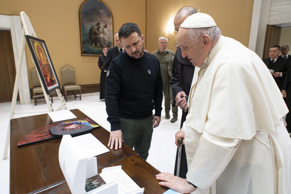 Pope Francis and Ukraine’s President Volodymyr Zelensky during their meeting at the Vatican in Rome, Italy on Saturday. Photo: Vatican Media Handout / EPA-EFE