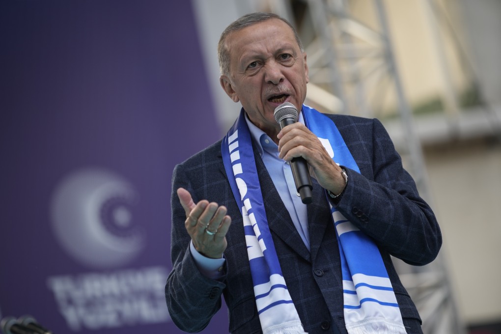 Turkish President Recep Tayyip Erdogan delivers a speech during an election campaign rally in Istanbul, Turkey on Saturday. Photo: AP