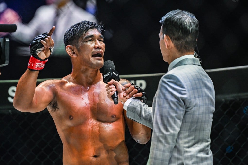 Aung La N Sang speaks with Mitch Chilson during a post-fight interview at ONE Fight Night 10 in Denver. Photos: ONE Championship