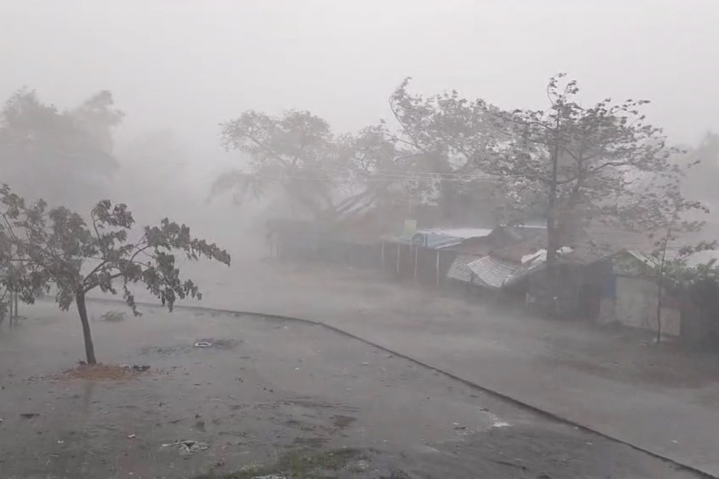 Strong winds and heavy rainfall is seen at ThekayPyin Rohingya camp, as Cyclone Mocha approaches, in Sittwe, Rakhine, Myanmar. Photo: Reuters