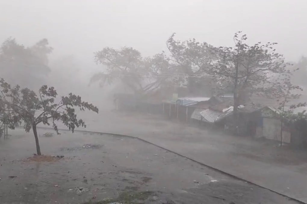 Strong winds and heavy rainfall is seen at ThekayPyin Rohingya camp, as Cyclone Mocha approaches, in Sittwe, Rakhine, Myanmar. Photo: Reuters
