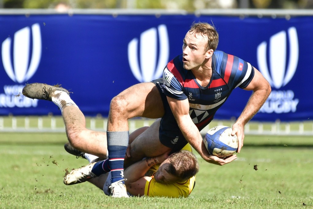 Harry Sayers offloads the ball for Hong Kong’s men in their pool game against Belgium at the World Rugby Sevens Challenger Series in South Africa. Photo: Handout