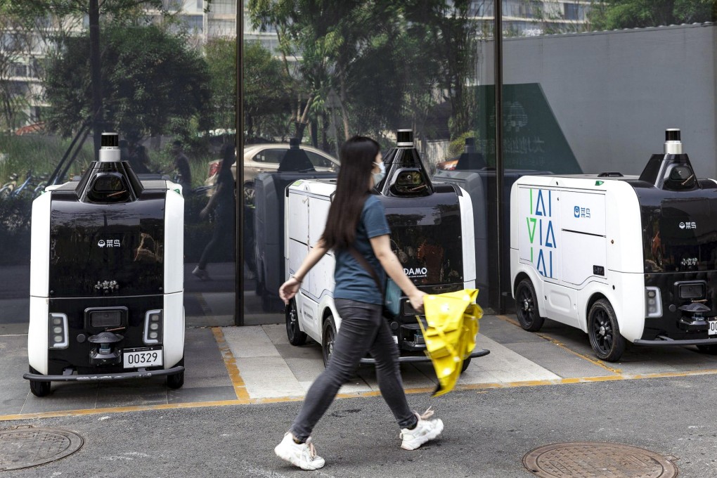 Autonomous delivery vehicles for Cainiao are seen near Alibaba Group Holding's headquarters in Hangzhou, capital of eastern Zhejiang province, on August 2, 2022. Photo: Bloomberg