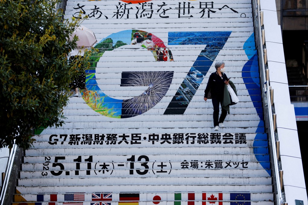 The logo of the G7 meeting is displayed at Niigata station, ahead of the meeting, in Niigata, Japan. Photo: Reuters