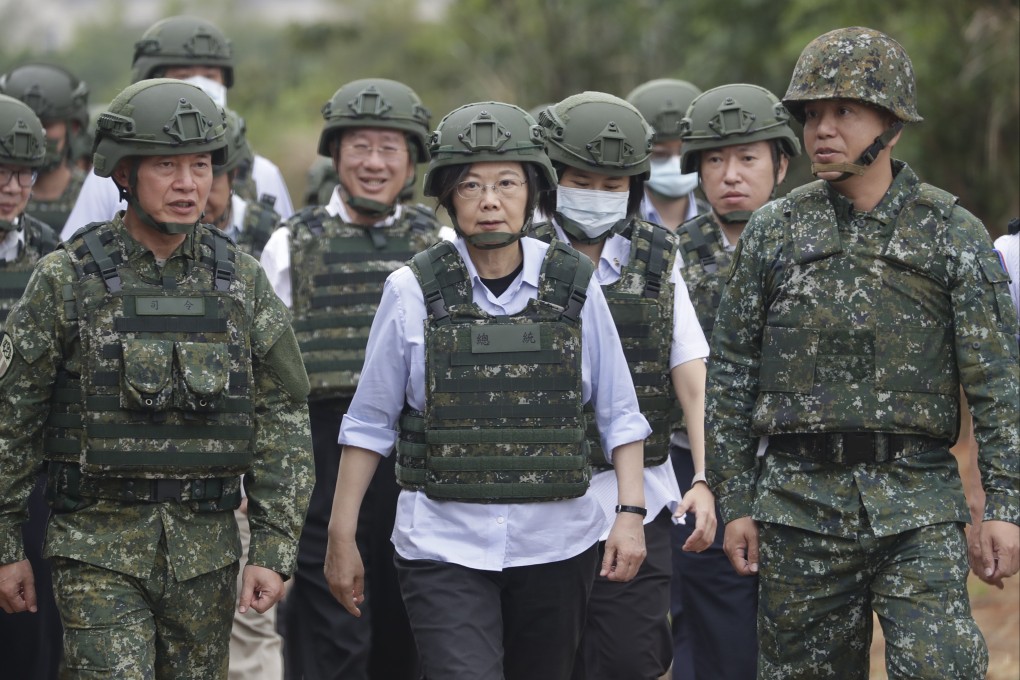 Taiwanese President Tsai Ing-wen, who has angered Beijing by engaging with US officials, inspects military training for reservists in northern Taiwan last week. Photo: AP