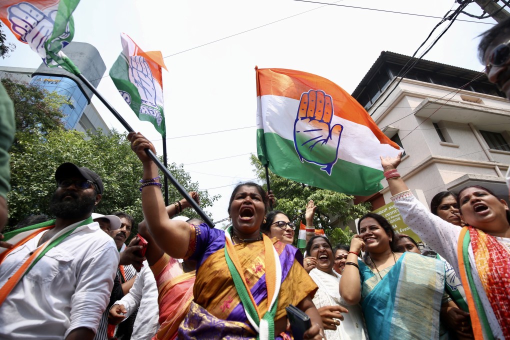 Supporters of India’s Congress party celebrate its victory in the Karnataka state assembly election in the southern city of Bangalore on Saturday. Photo: EPA-EFE
