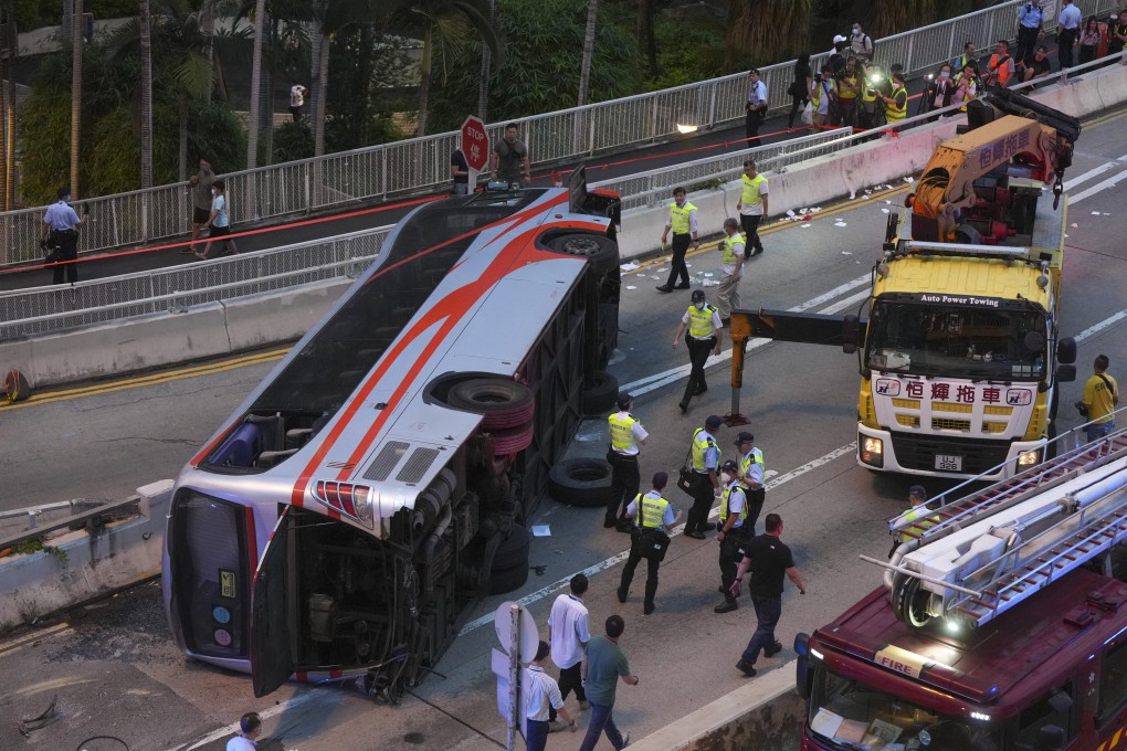 The coach toppled onto its side on a flyover in Tsuen Wan. Photo: Sam Tsang