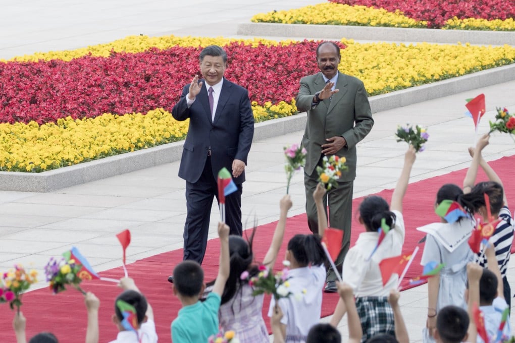 Chinese President Xi Jinping with Eritrean President Isaias Afewerki at welcoming ceremonies prior to their talks in Beijing on Monday. Photo: Xinhua