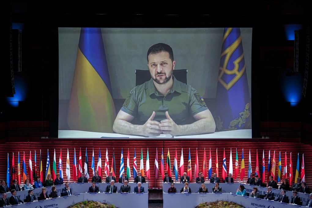 Ukraine’s President Volodymyr Zelensky addresses the opening ceremony of the Council of Europe summit in Reykjavik, Iceland via videolink on Tuesday. Photo: dpa