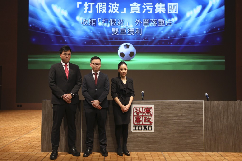 ICAC officers meet the press at the ICAC headquarters. The city’s anti-graft agency has arrested 23 people from the Happy Valley football team on a match-fixing case. Photo: Xiaomei Chen