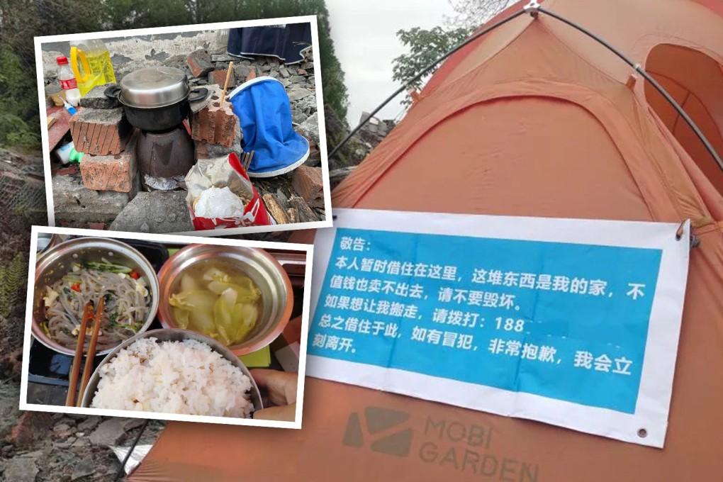 Despite his threadbare and thrifty existence, Li is satisfied with his life in the tent, saying, “It’s my choice”. Photo: SCMP composite/new.qq.com