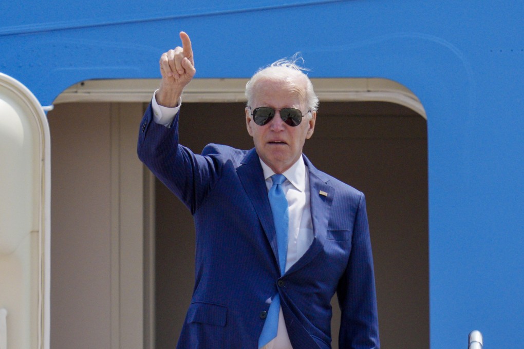 US President Joe Biden gestures as he boards Air Force One at Andrews Air Force Base on Wednesday, as he heads to Hiroshima, Japan for a G7 summit. Photo: AP