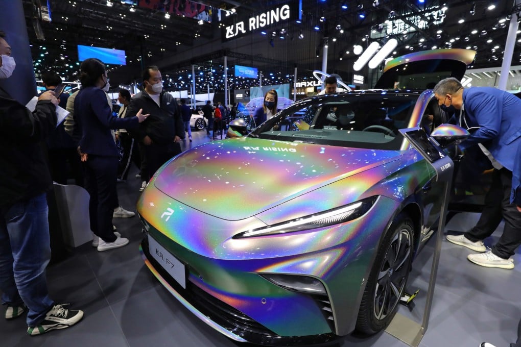 A Rising Auto F7 is displayed at the 20th Shanghai International Automobile Industry Exhibition in this file photo from April 2023. Mainland China-based manufacturers of petrol cars and EVs were offering discounts on average of 9.8 per cent last month and 9.2 per cent in March, Citic says. Photo: Xinhua